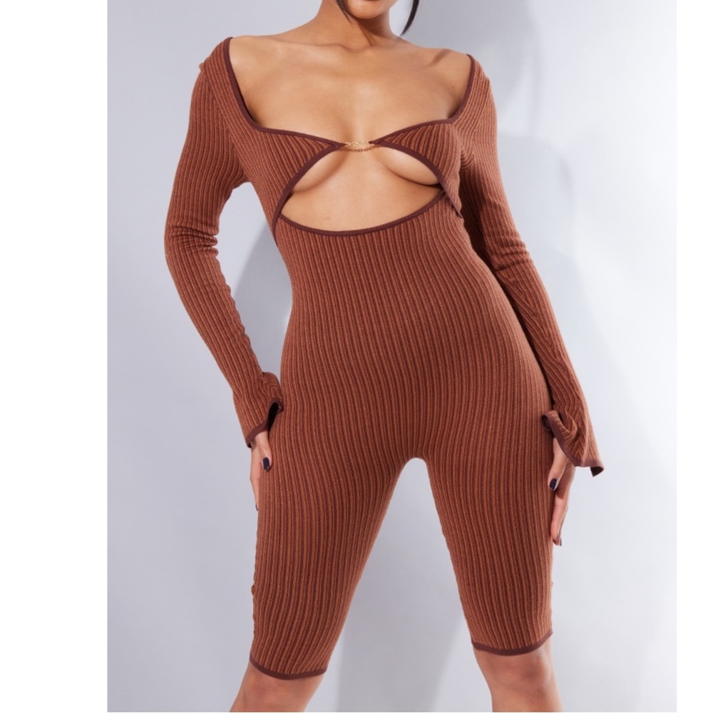 PrettyLittleThing Chocolate Two Tone Chain Detail Unitard